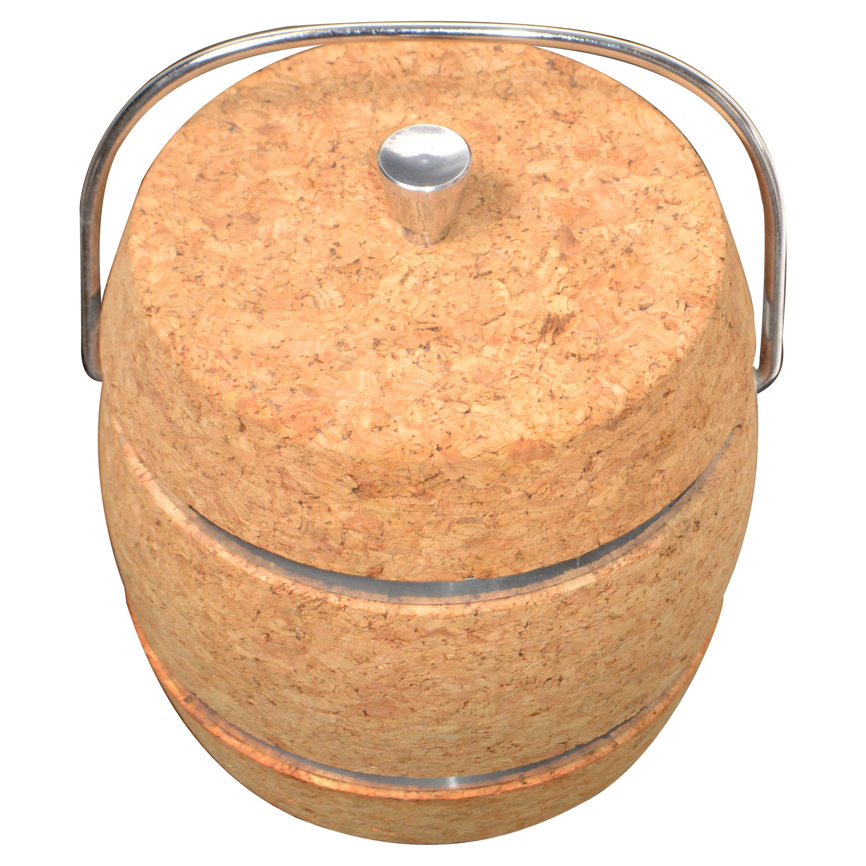 Mid-Century Modern Cork and Nickel Ice Bucket with Pyrex Glass Insulation For Sale