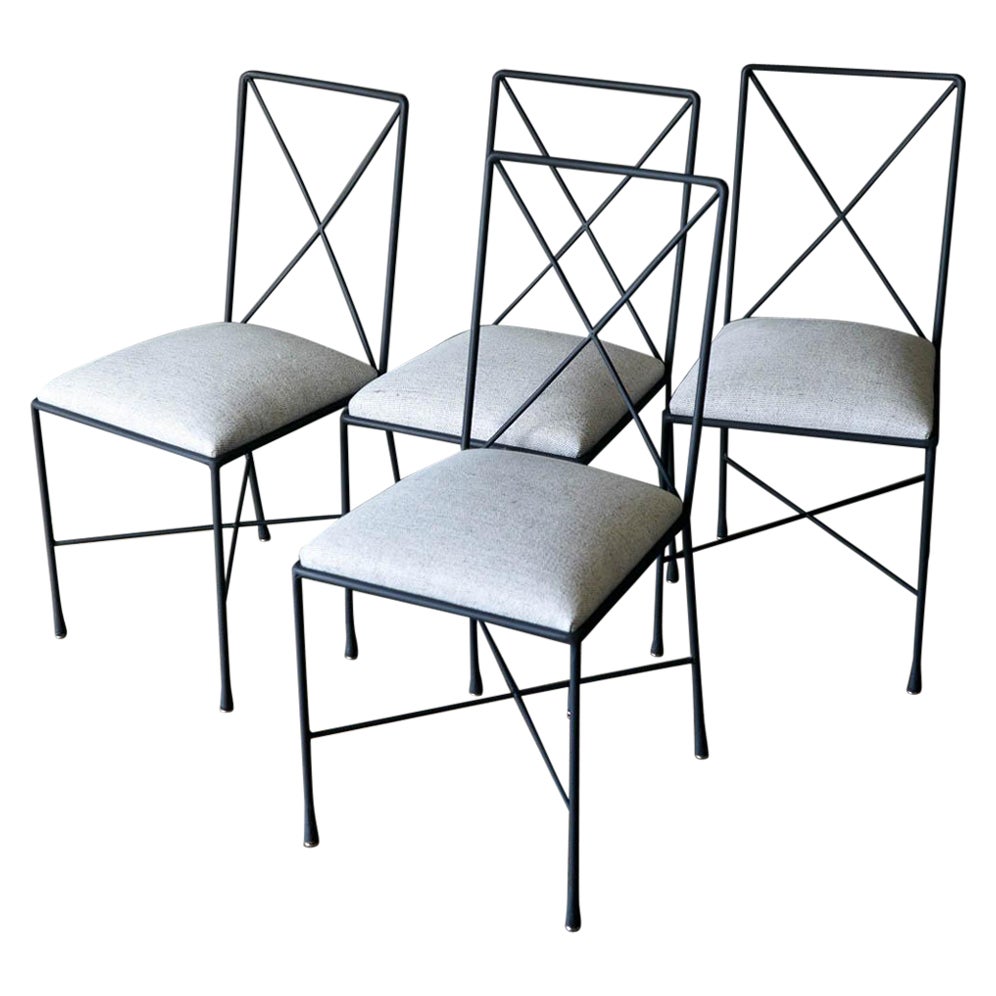 Set of 4 wrought iron dining chairs and matching iron table with original opaque glass by Darrell Landrum for Avard NYC, 1950. Rare and exceptional set of 4 X back and base wrought iron dining chairs by Darrell Landrum for Avard NYC, 1950's. Table