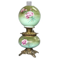 Antique Victorian Gone-with-the-Wind Hand Painted Floral Oil Lamp, All Original, C1890