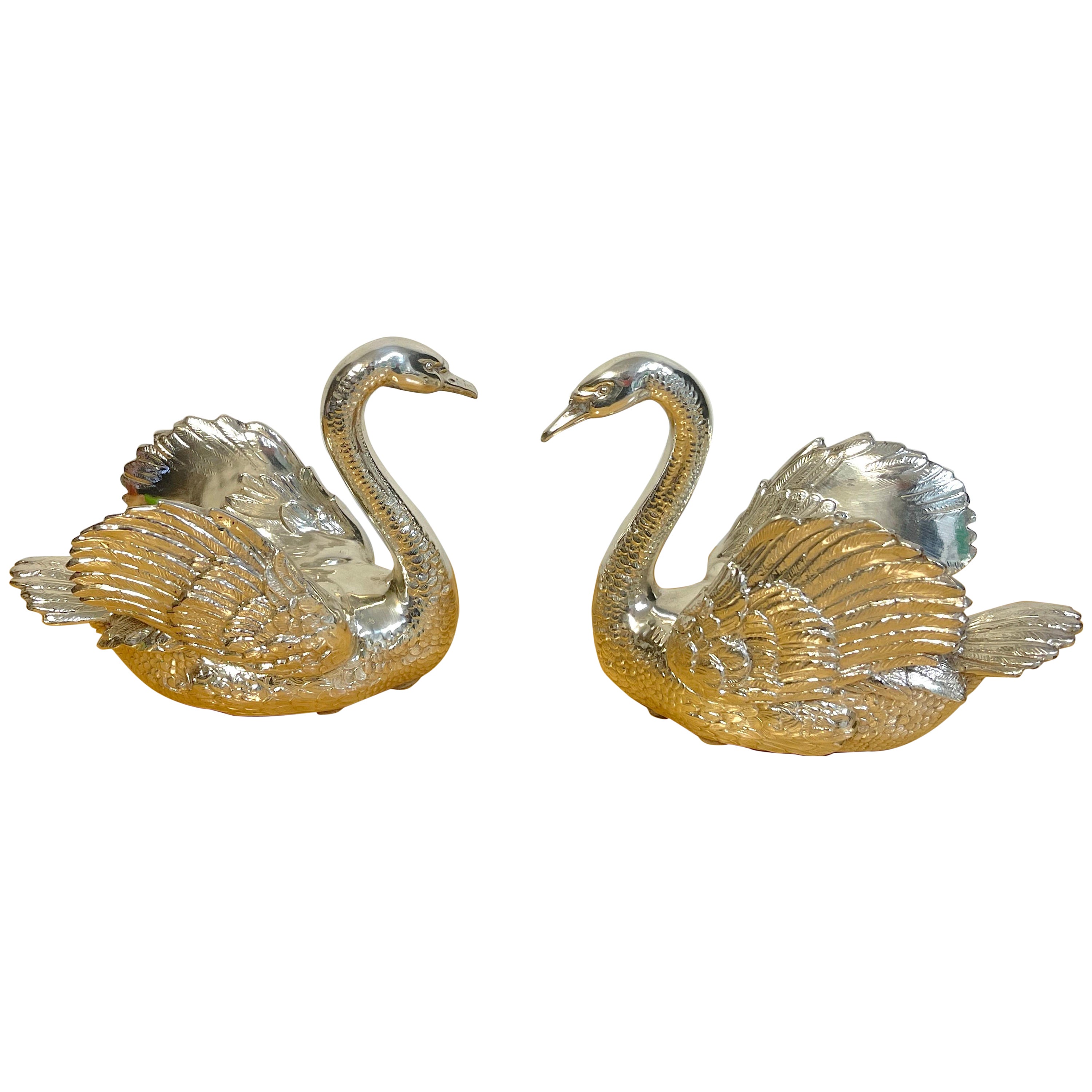 Pair of French Silverplated Bronze Swans For Sale