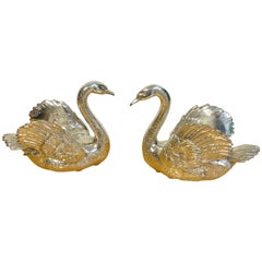 Pair of French Silverplated Bronze Swans