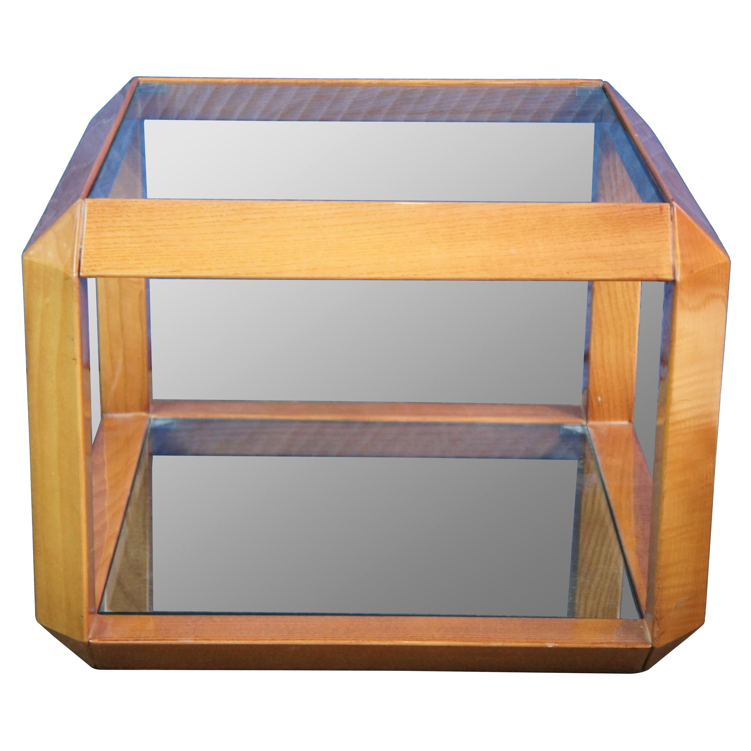Mid Century Italian Modern Wood & Glass Square Cube Side End Table Minimalist