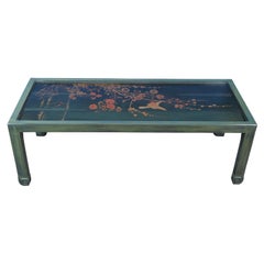 Antique Chinoiserie Green Lacquer Panel Glass Coffee Table Gilded Floral Bird