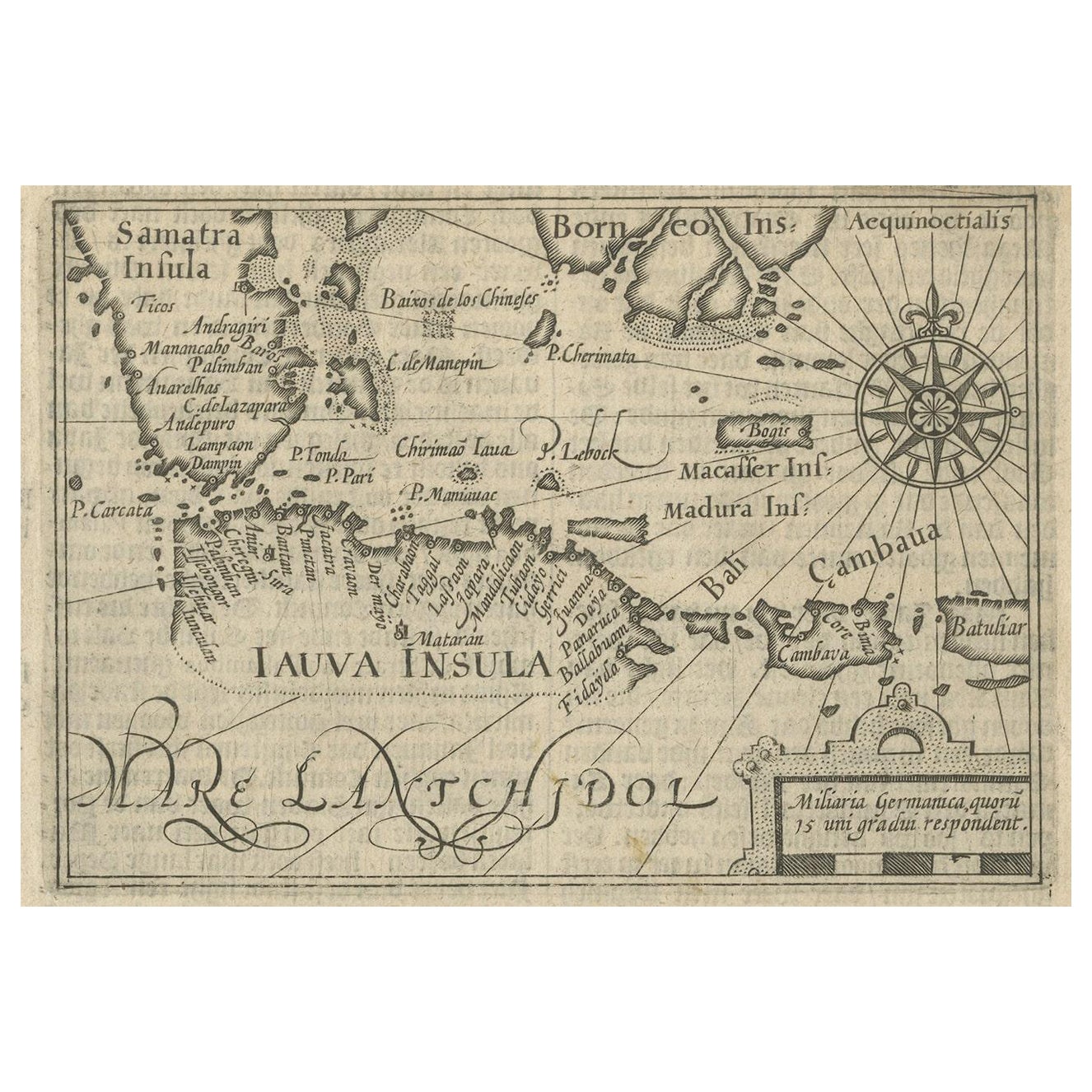 Rare Small Map of Sumatra, Java, Borneo, Macassar, Madura, Bali, 1614