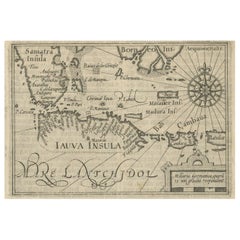 Antique Rare Small Map of Sumatra, Java, Borneo, Macassar, Madura, Bali, 1614