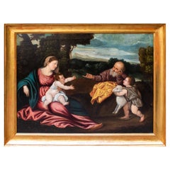 16th Century Holy Family with Saint John Painting Workshop of Titian Oil Canvas