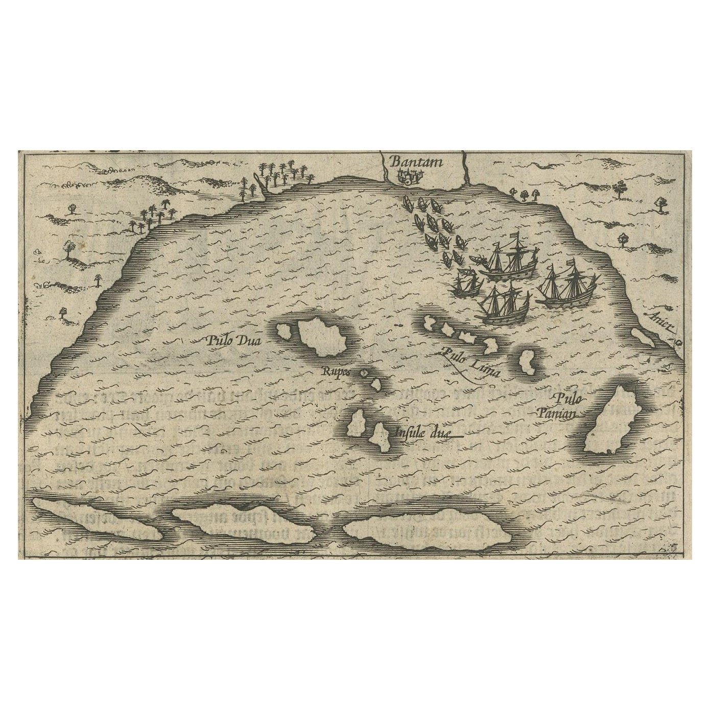 Kleine Karte des Bantams mit niederländischen Schiffen und einem Stich aus Portugalien, 1614 im Angebot