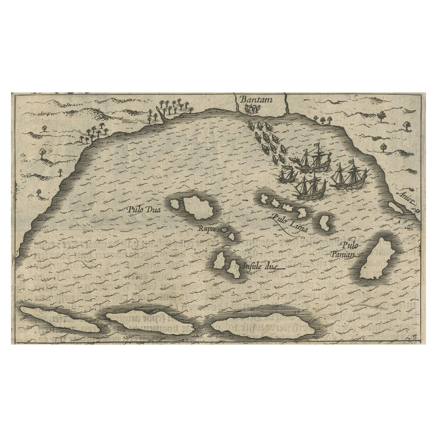 Petite carte de Bantam avec des navires néerlandais et une gravure de portugaise, 1614