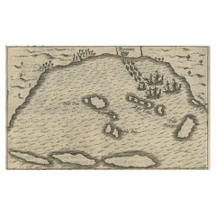 Antique Small Map of Bantam with Dutch Ships and an Engraving of Portugese, 1614
