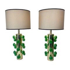 Late 20th Century Pair of Space Age Brass & Green Murano Art Glass Table Lamps