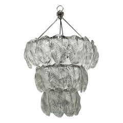 Vintage Monumental Large Clear Murano Glass Leaf & Chrome Venini Chandelier Italy, 1980s