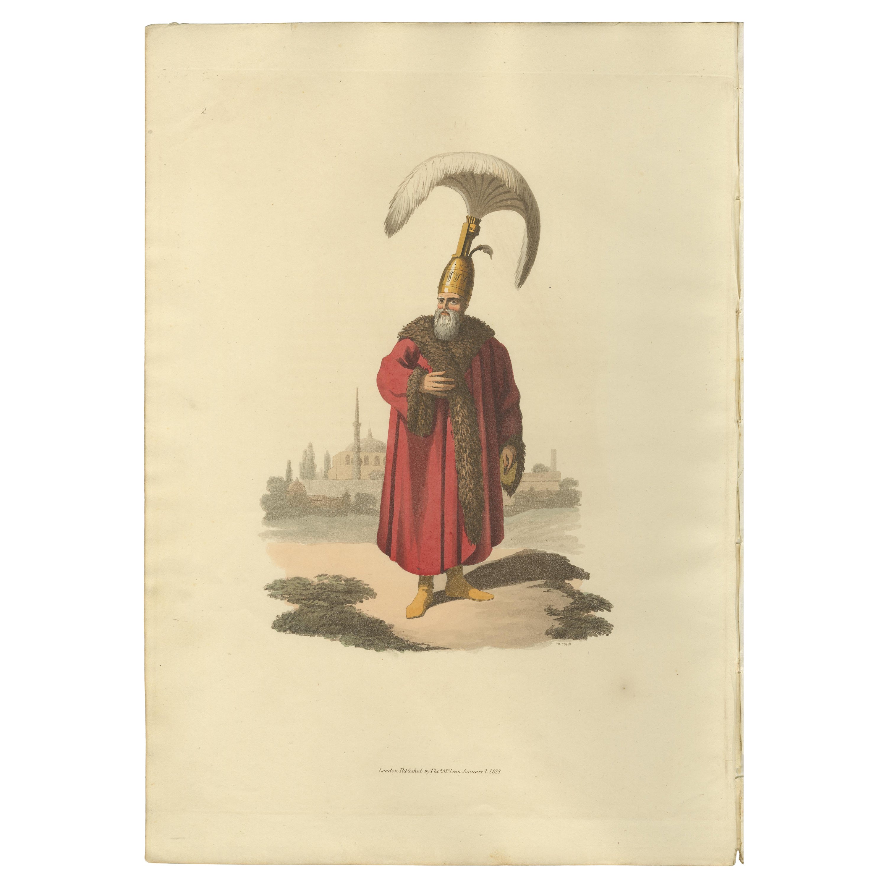 Antique Print of Capidgi Bachi Officer, the Military Costume of Turkey , 1818 For Sale