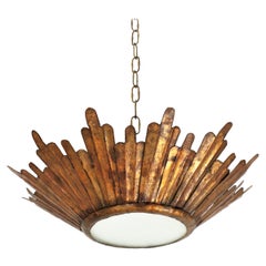 Sunburst Crown Light Fixture or Pendant, Gilt Metal and Frosted Glass