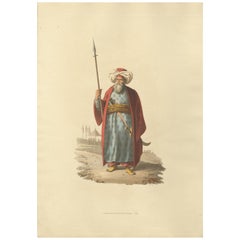 Antique Print of an Mameluke Officer, the Military Costume of Turkey ,1818