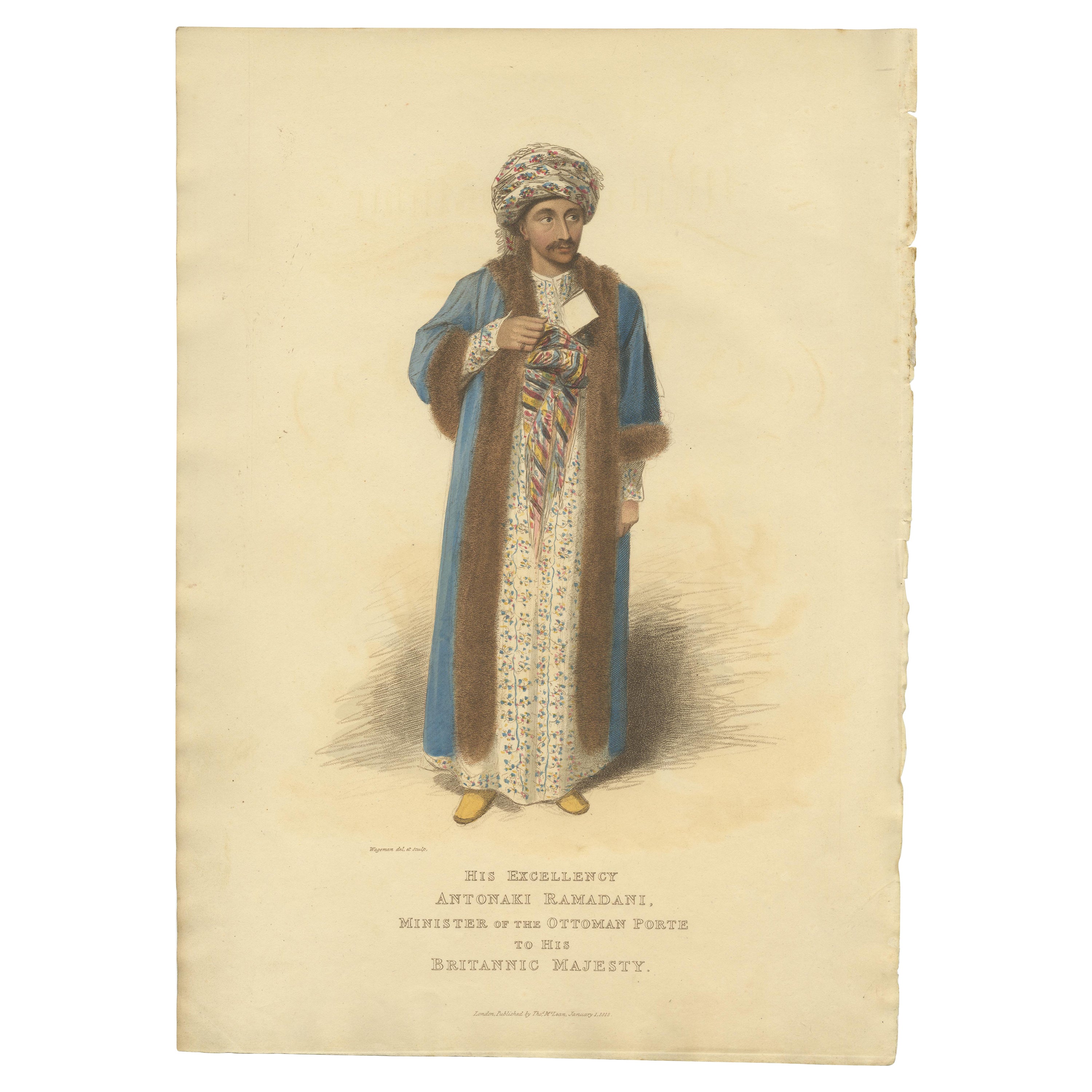 Antique Print of Antonaki Ramadani, Minister from the Ottoman Porte, 1818