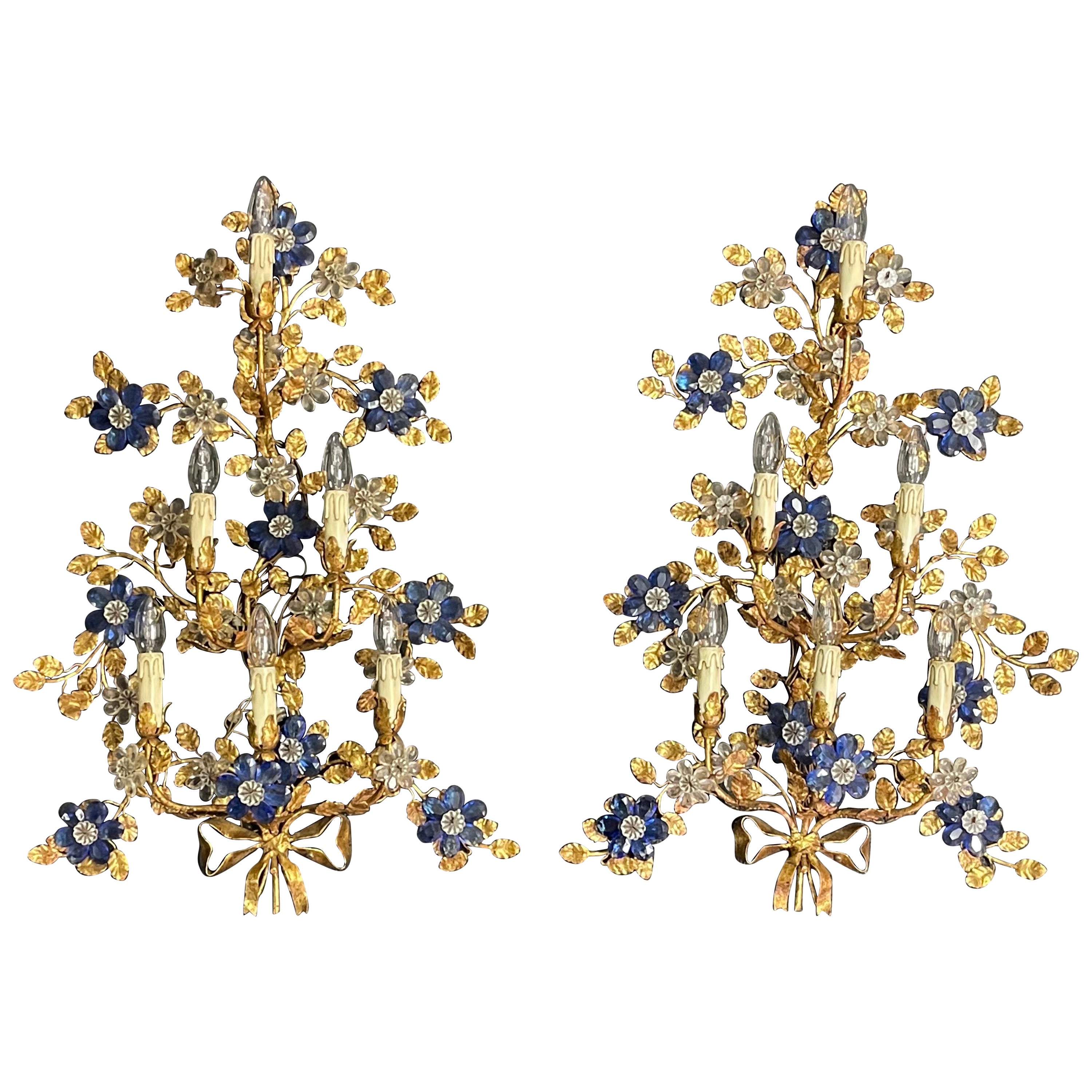 Pair of Huge Italian Gilt Iron and Blue Crystal Flower Wall Sconces, circa 1970s For Sale