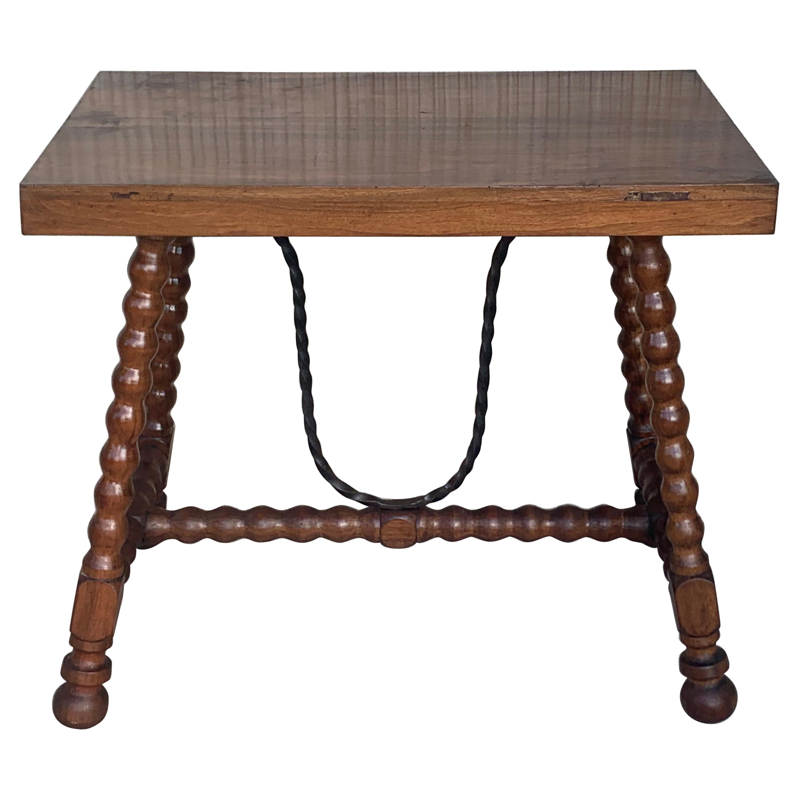 19th Spanish Walnut Side Table with Lyre Legs, Flat Top and Iron Stretcher