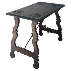 19th Century Spanish Baroque Side Table with Carved Top & Legs & Iron Stretchers