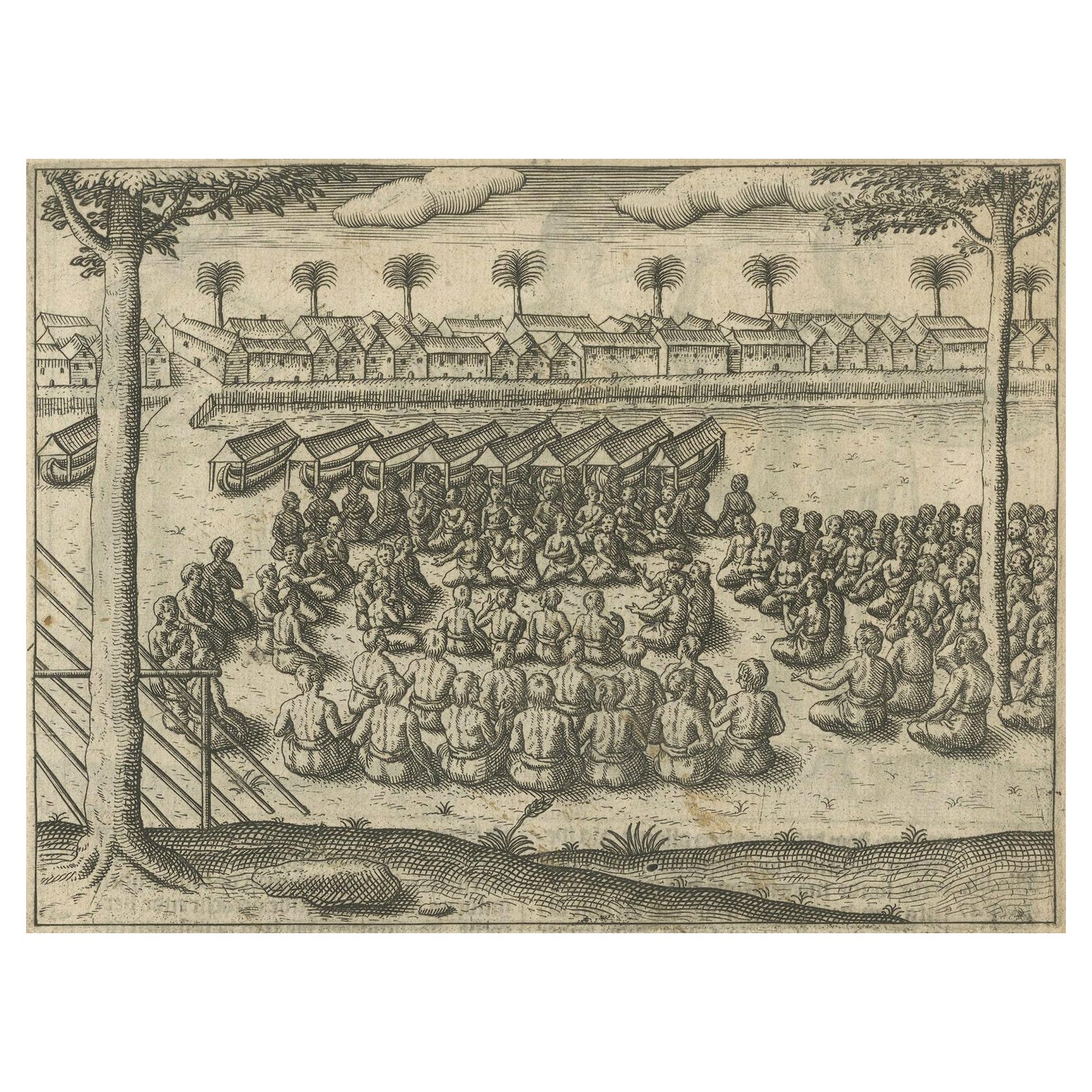Rare gravure du Conseil de guerre de Bantam et des plateaux locaux japonais, 1614 en vente