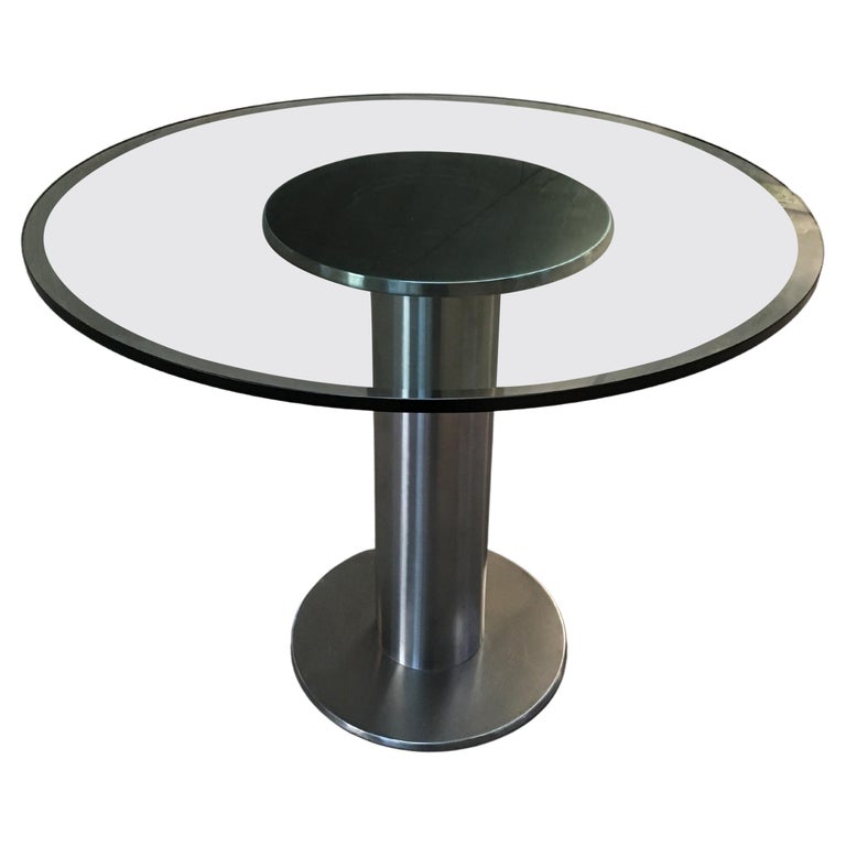 Mid-Century Modern Italian Stainless Steel Dining or Center Table with Glass Top For Sale