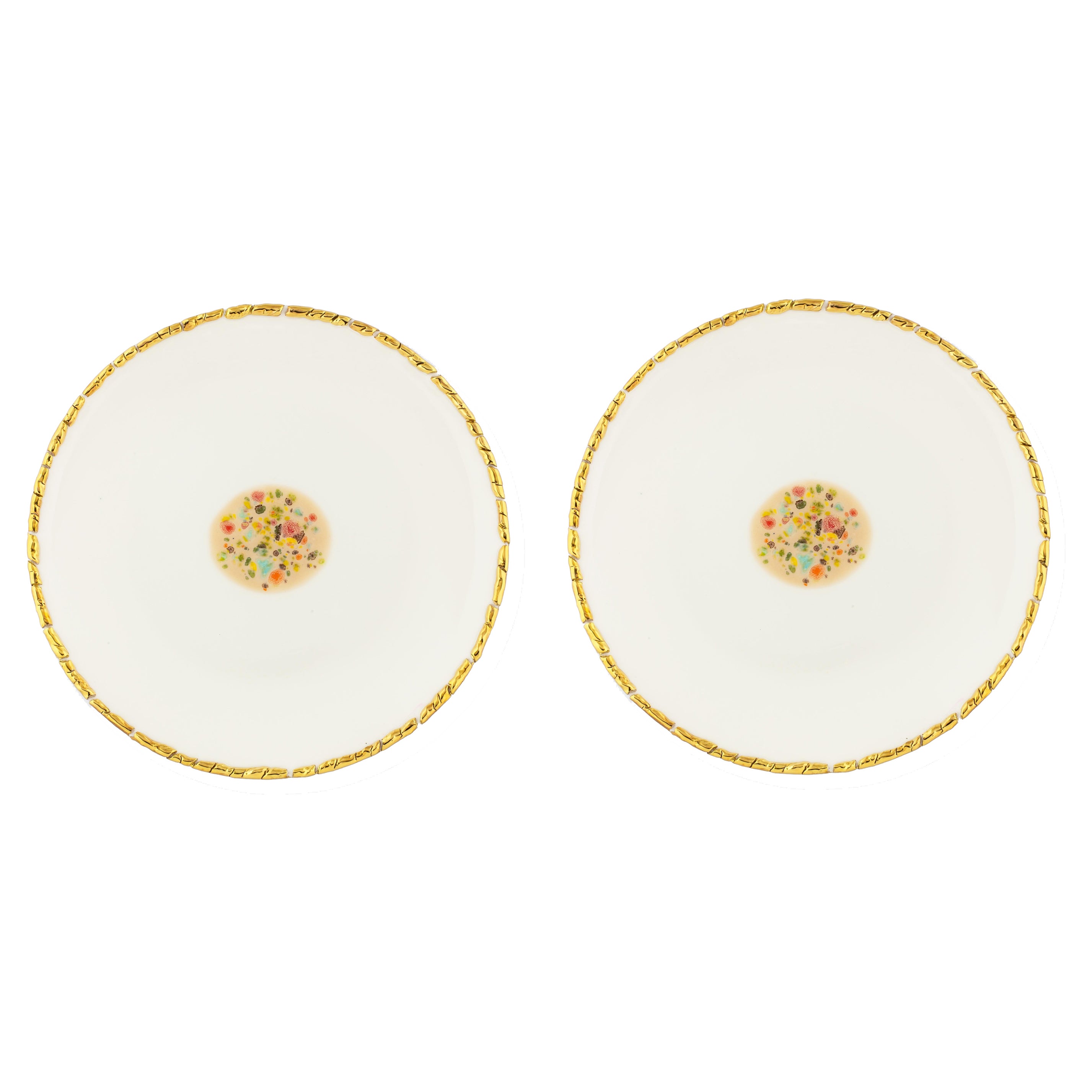 Contemporary Set of 2 Dessert Plates Gold Hand Painted Porcelain 