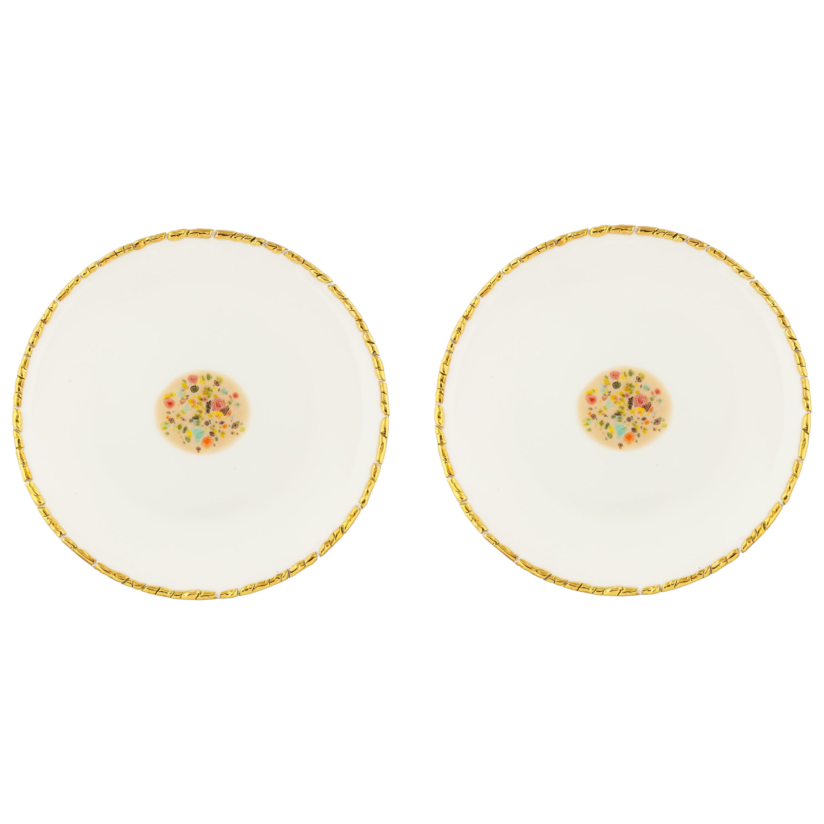 Contemporary Set of 2 Dessert Plates Gold Hand Painted Porcelain