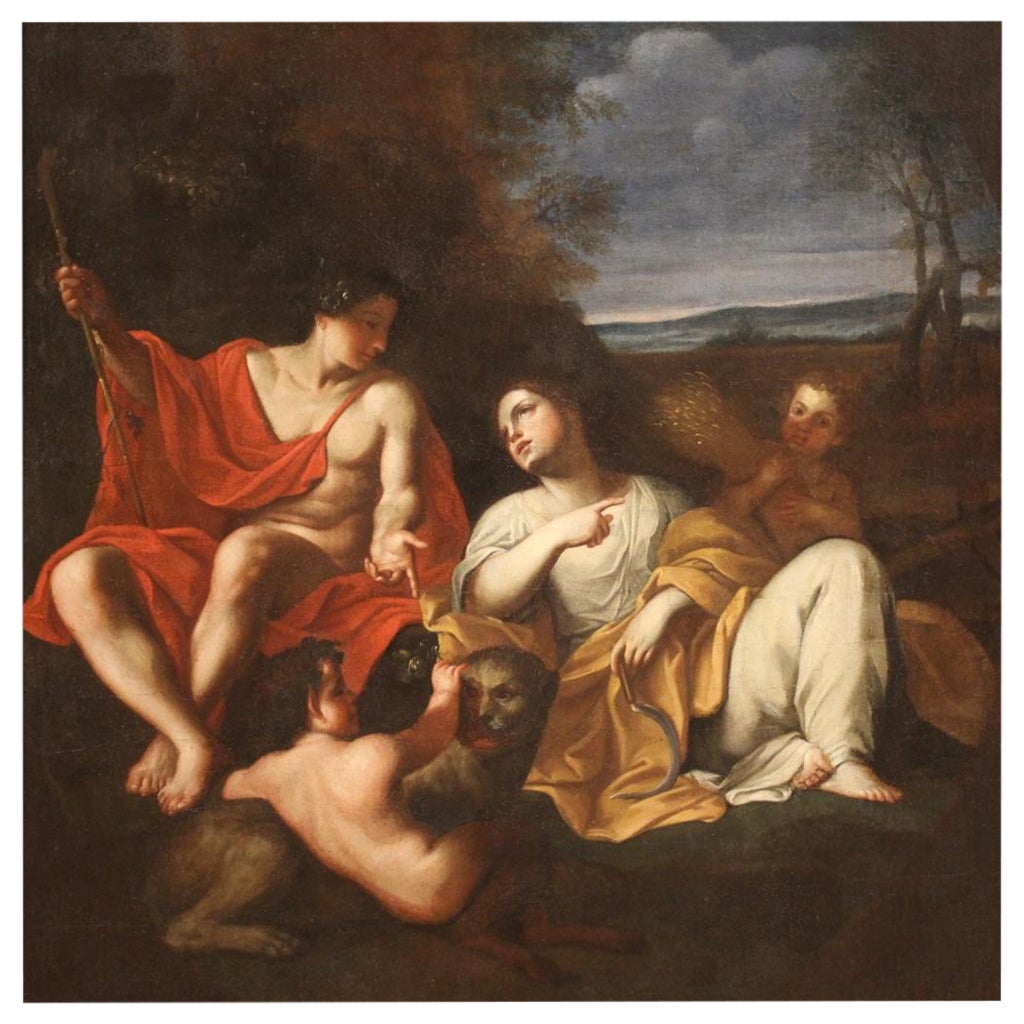 17th Century Oil on Canvas Italian Antique Mythological Painting Summer Allegory