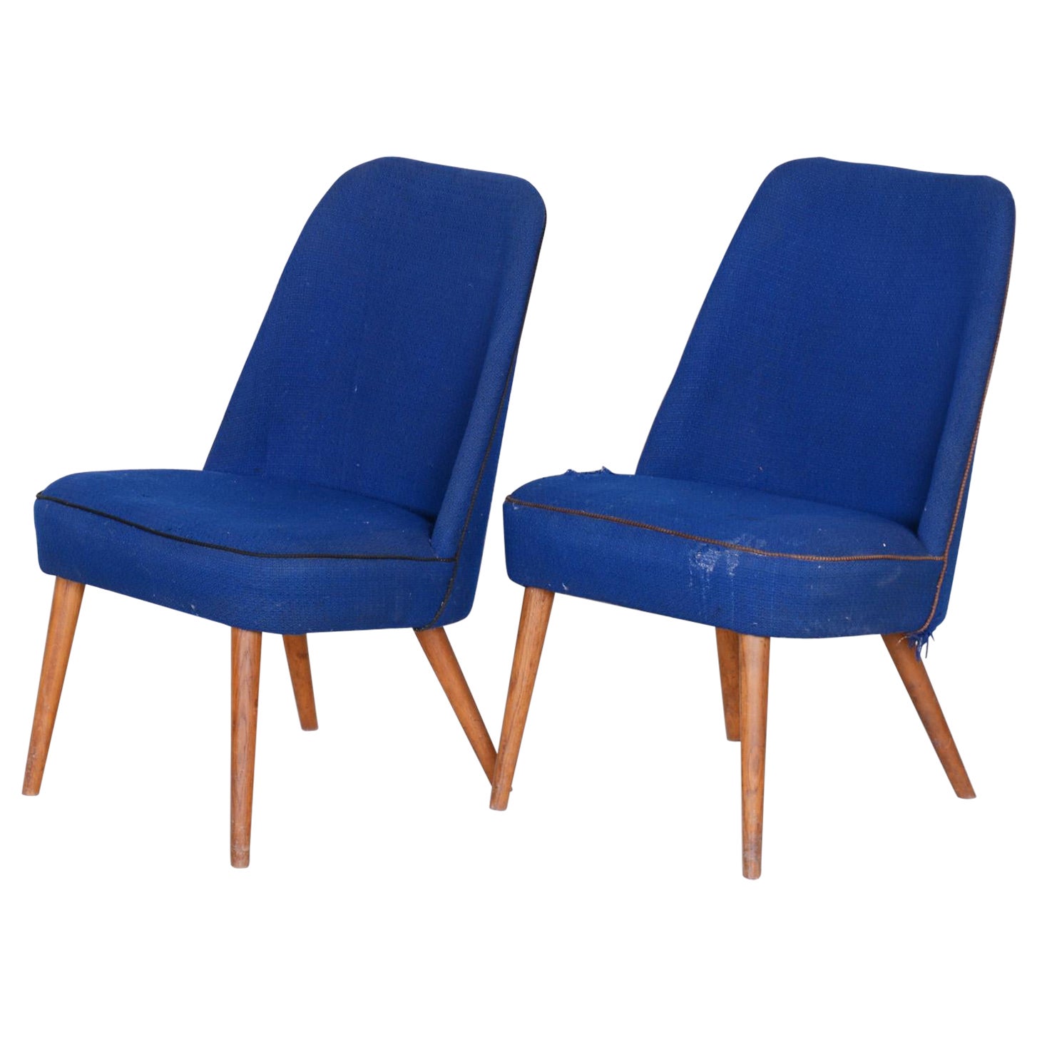 Ensemble de 2 fauteuils bleus du milieu du siècle dernier, fabriqués en Tchèque dans les années 1950. Frêne, original