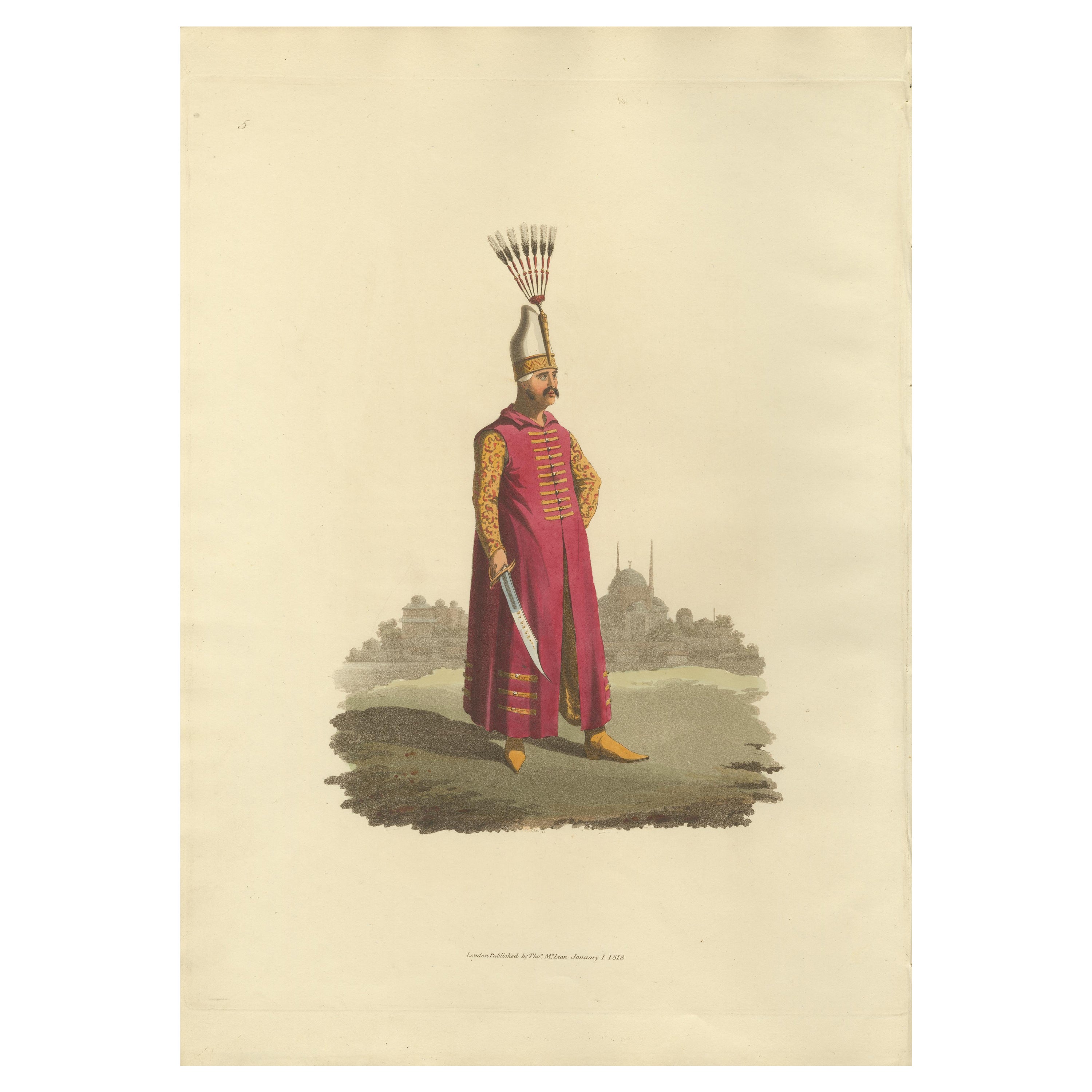 Antique Print of Officer of Janizaries, The Military Costume of Turkey, 1818 For Sale