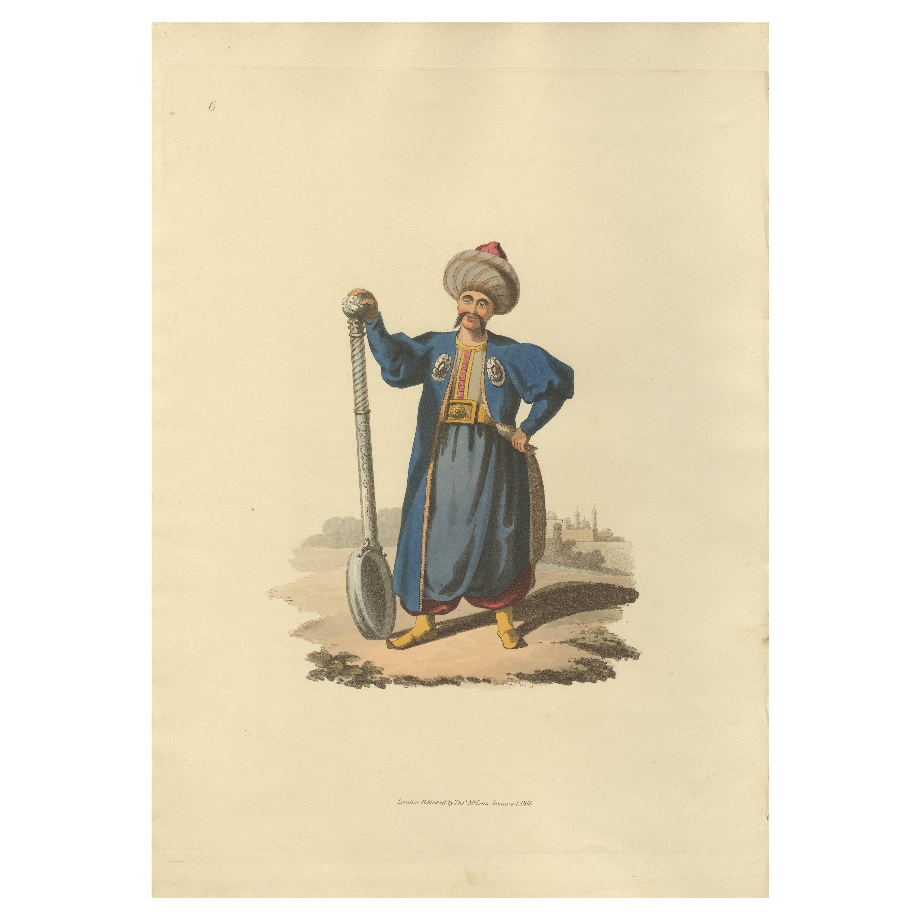Antiker antiker Druck eines Schildkrötenbären, Das militärische Kostüm der Türkei, 1818