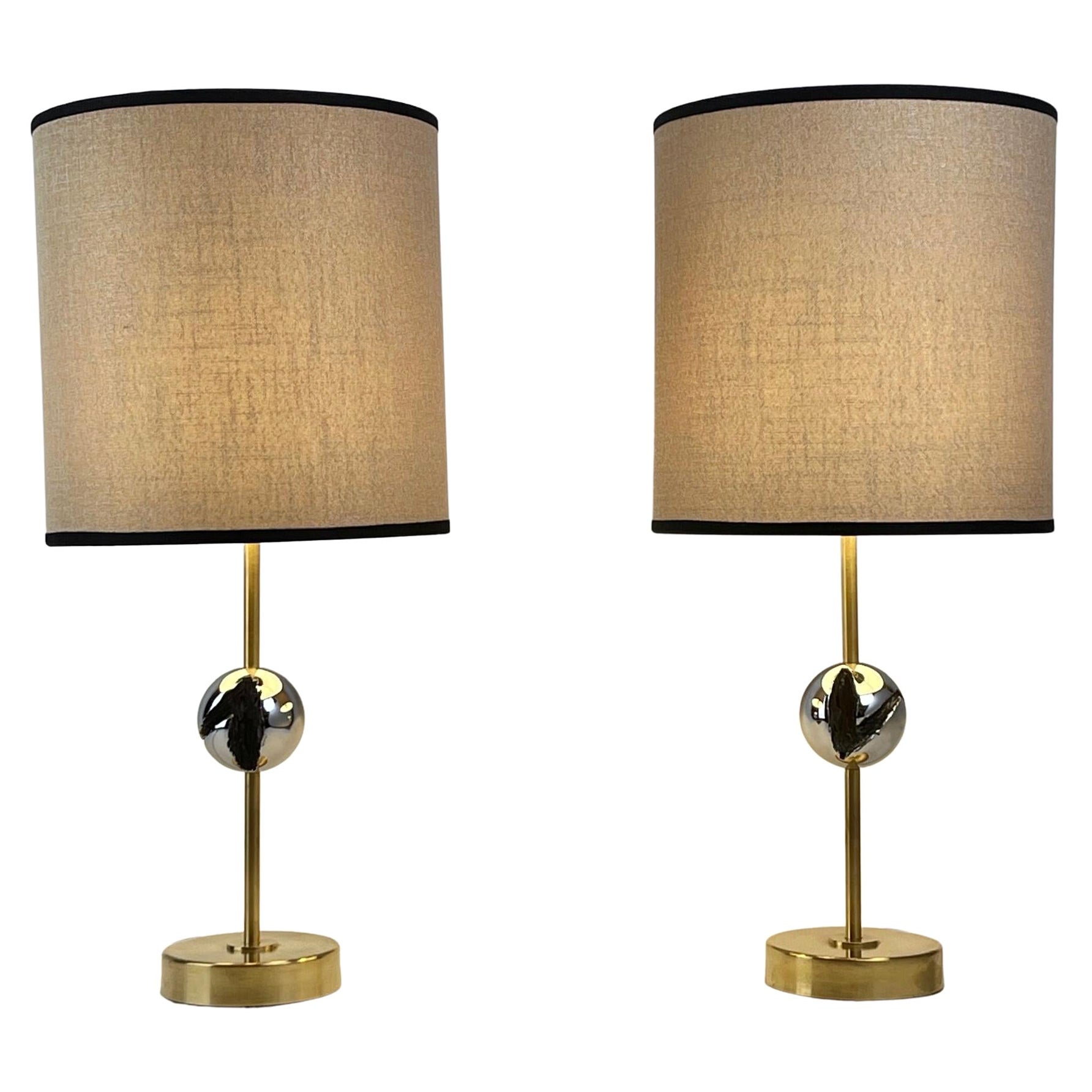 Late20th Century Pair of Italian Sculptural Nickel & Brass Table Lamps w/ Shades For Sale