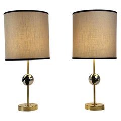 Late20th Century Pair of Italian Sculptural Nickel & Brass Table Lamps w/ Shades