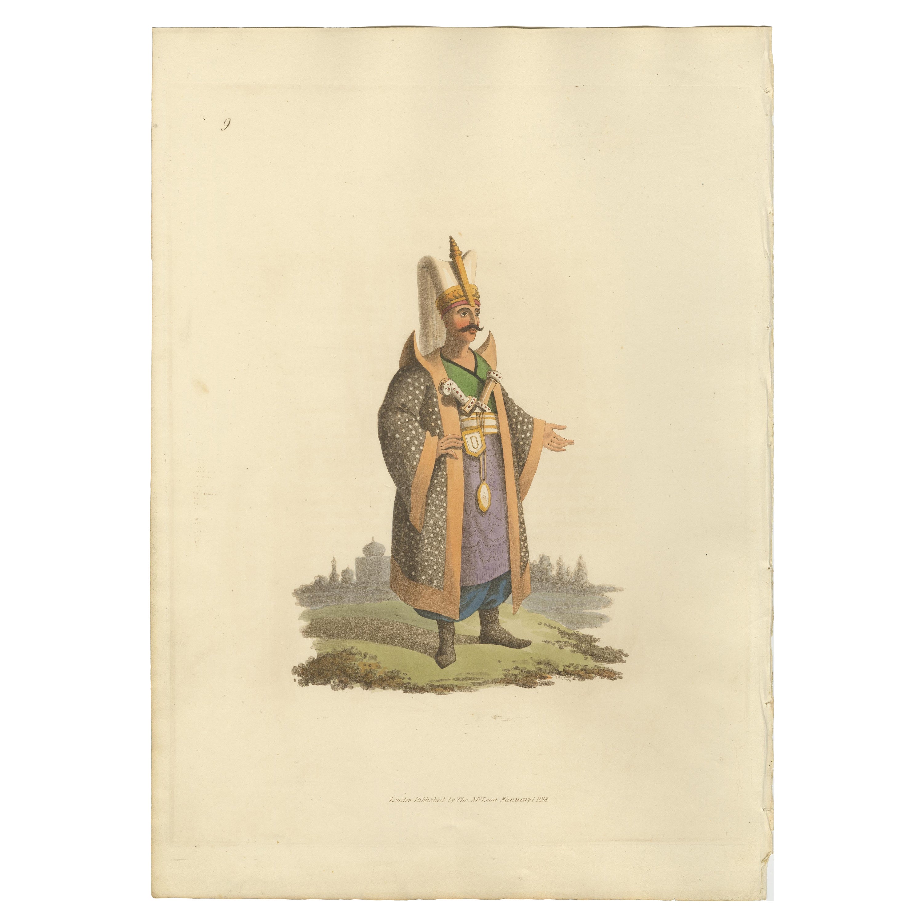 Stampa antica di Colonnello di Janizaries, il costume militare della Turchia, 1818