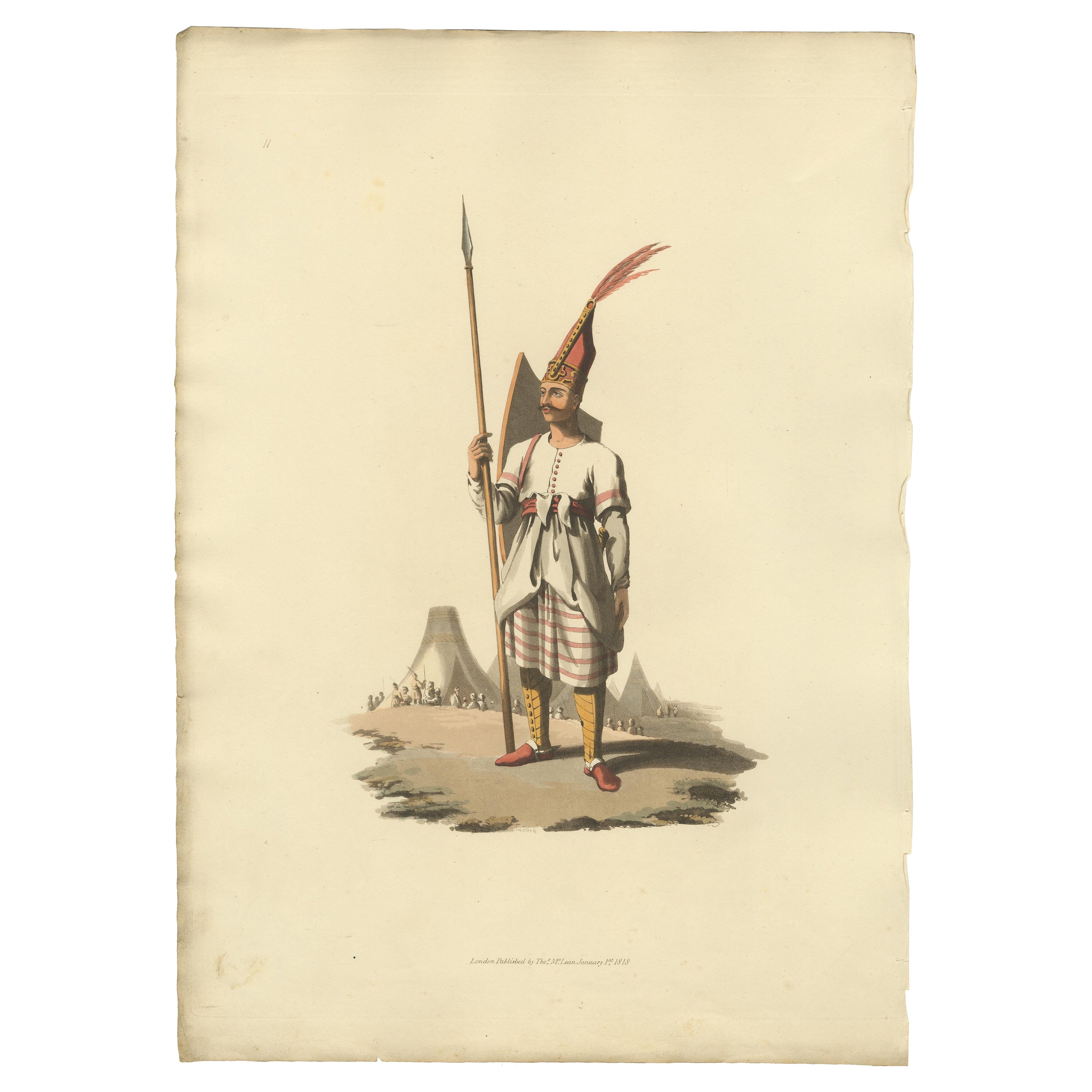Antiker Druck des Offiziers von Spahis, das militärische Kostüm der Türkei 1818