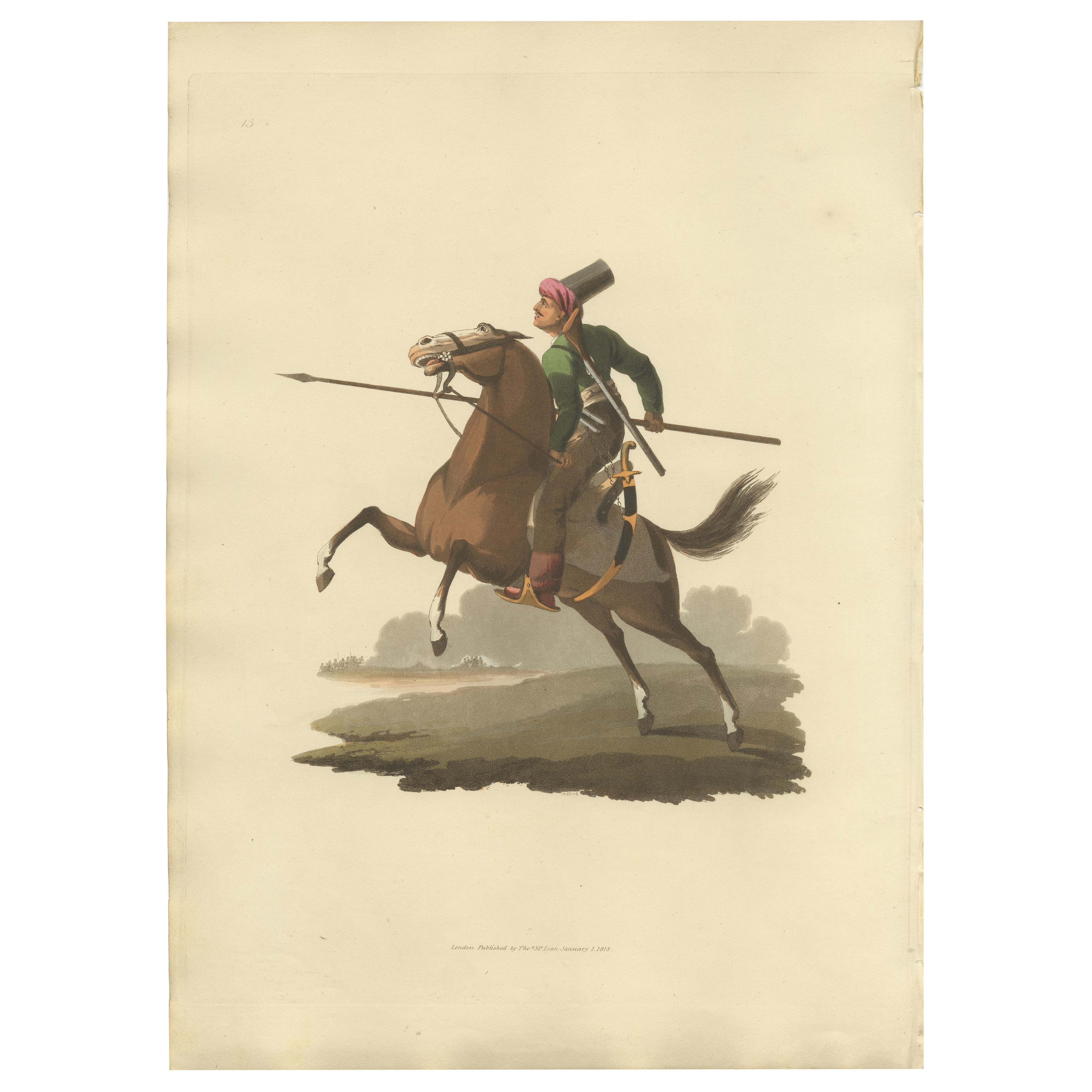 Stampa antica di Cavalleria, il costume militare della Turchia 1818