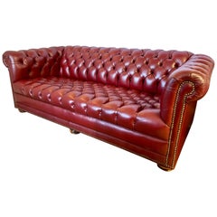 Vintage Large Oxblood Burgundy Red Leather Button Tufted Chesterfield Sofa