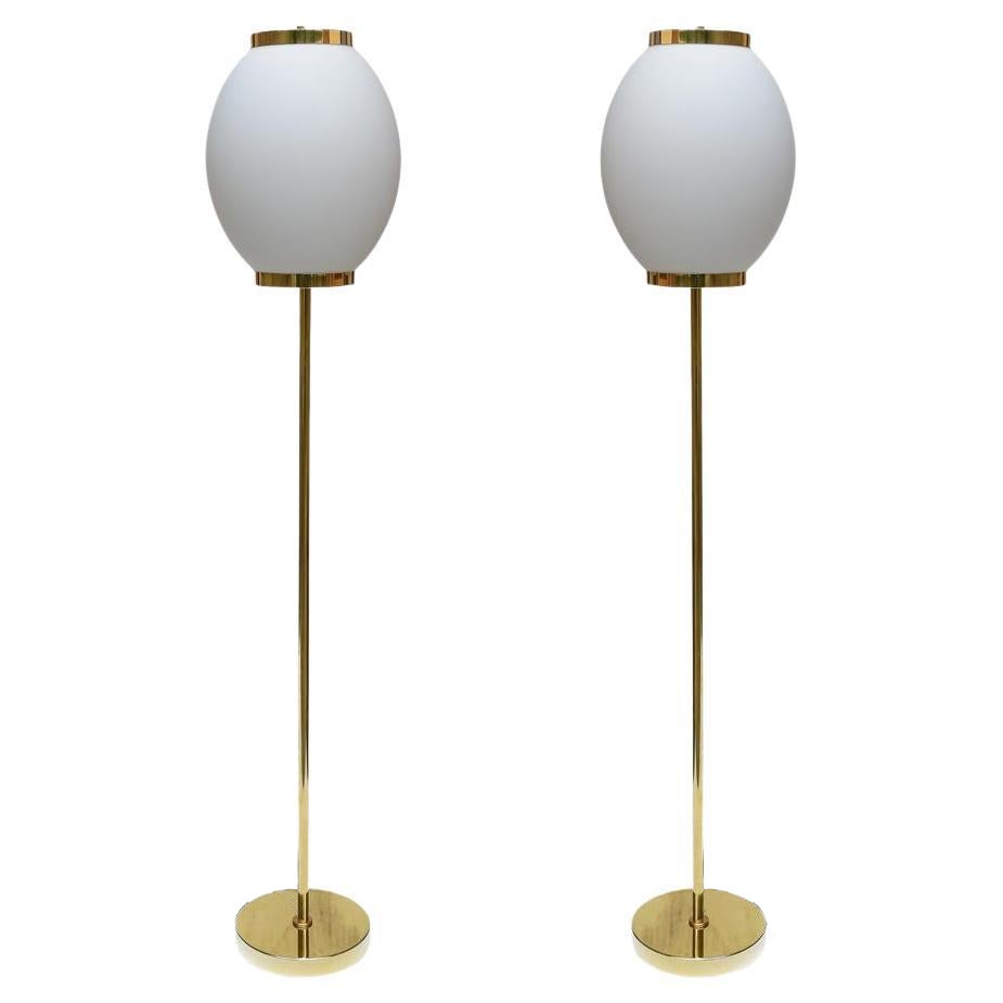 Pair of 1980s Floor Lamps Satin Glass Shade and Brass Metal Italian Design