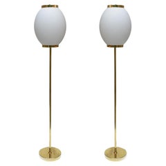 Pair of 1980s Floor Lamps Satin Glass Shade and Brass Metal Italian Design