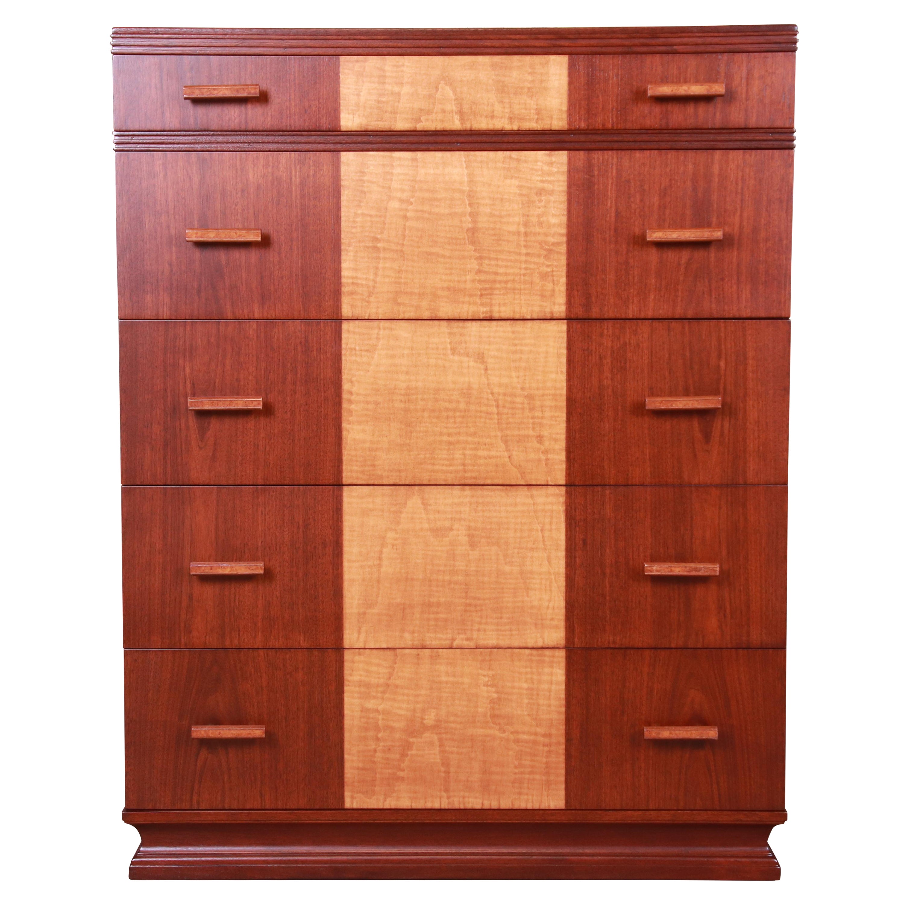 Kittinger Art Deco Walnut and Maple Highboy Dresser, Newly Refinished