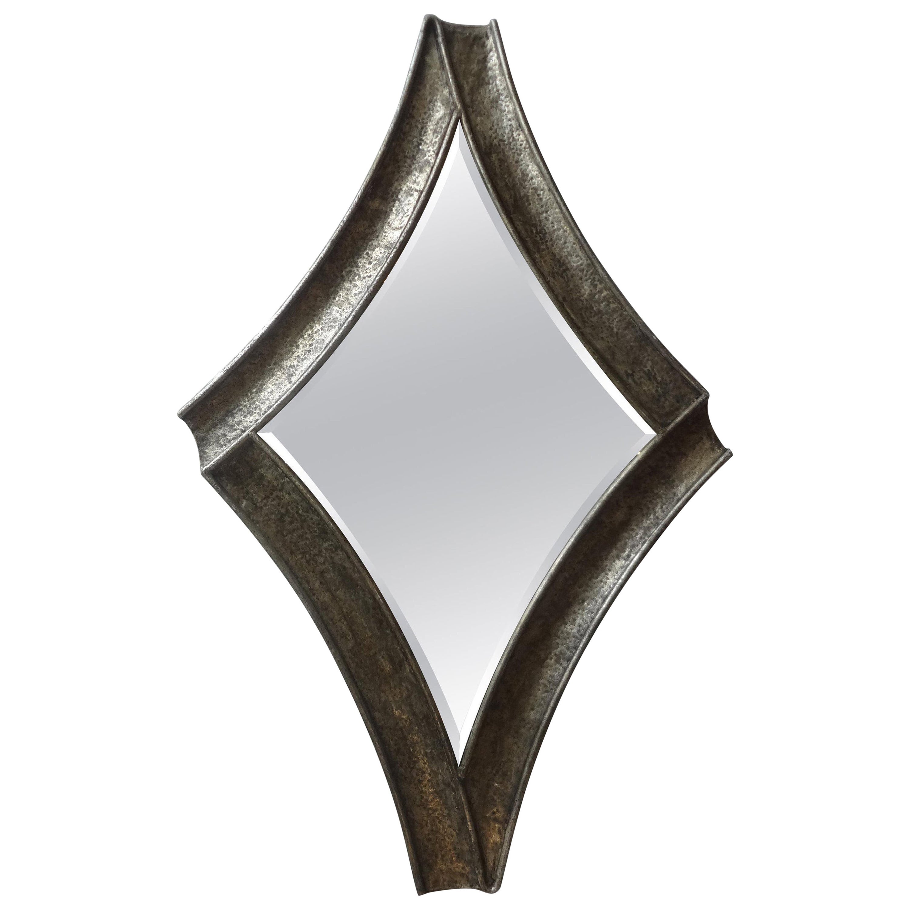 Midcentury Brutalist Hammered Metal Beveled Mirror For Sale