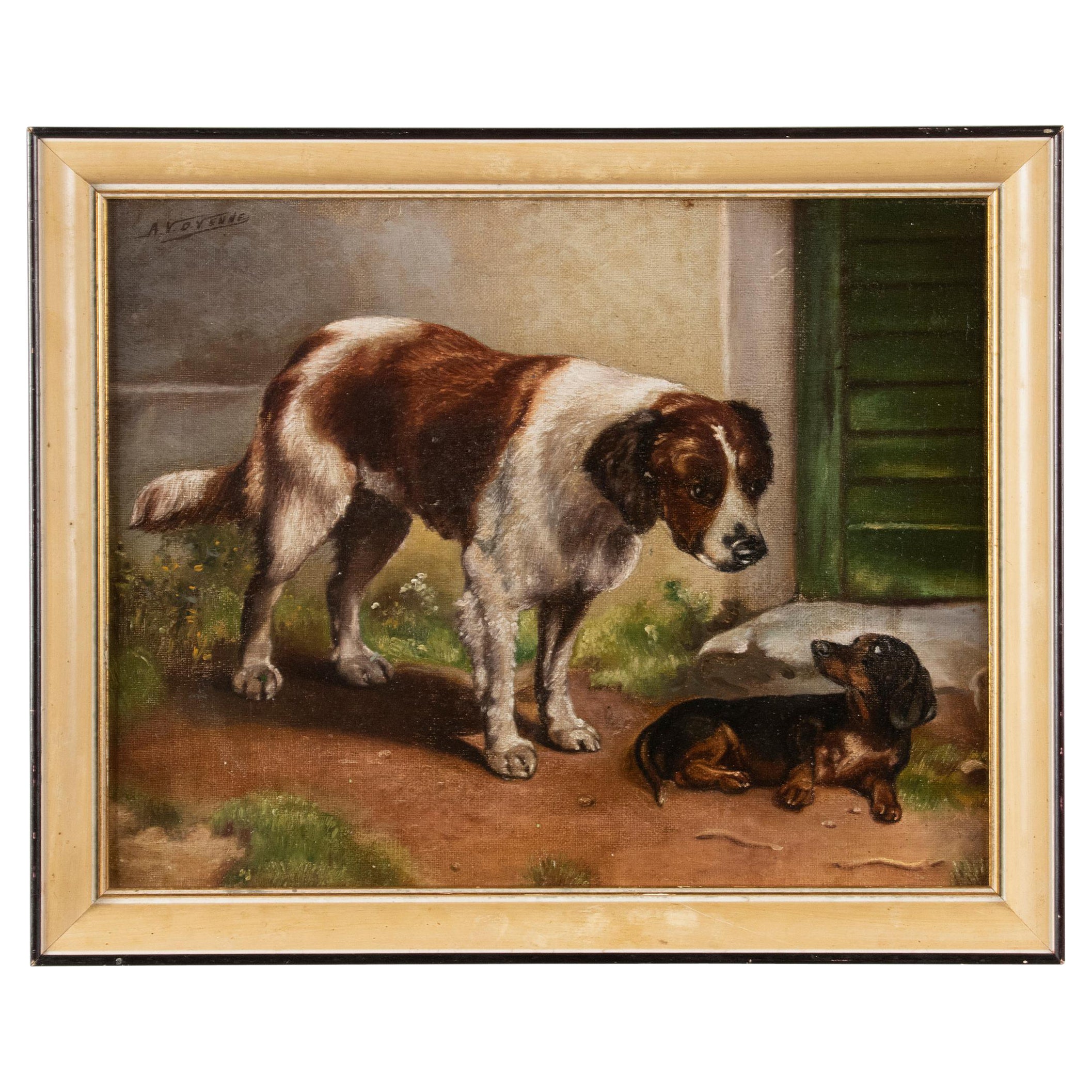 Antique Belgium Oil Painting Border Collie and a Dachshund Dog, A van de Venne