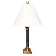 Vintage Neoclassical Green Marbled Stone Lamp with Brass Details and Cream Pleated Shade