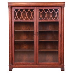 Antique Arts & Crafts Carved Oak Glass Front Double Bookcase, Circa 1900