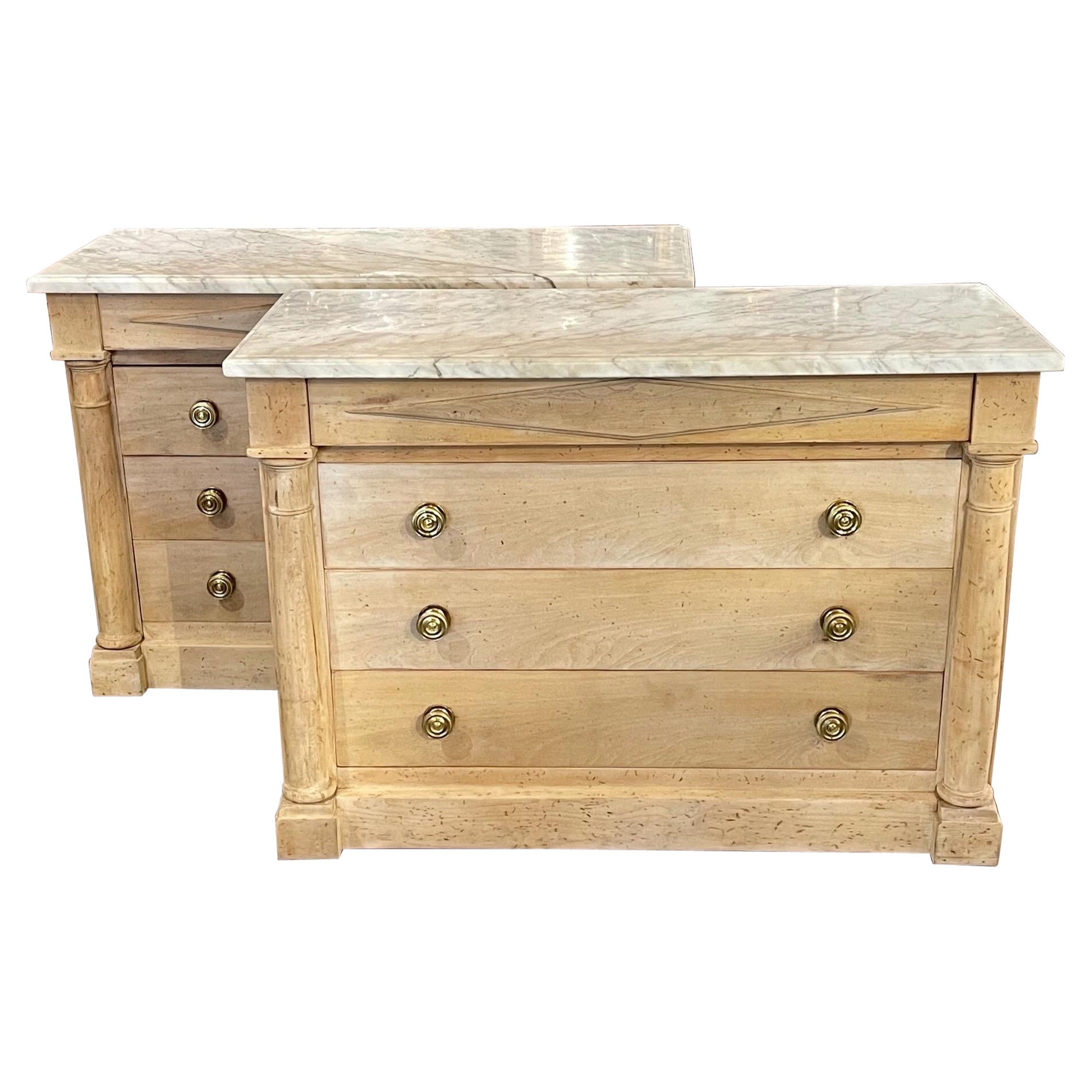 Pair of Antique Italian Empire Style Bleached Commodes with Carrara Marble