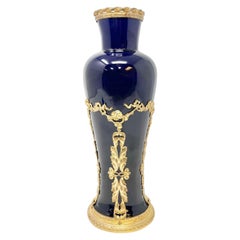 Antique French Cobalt Blue Glazed Porcelain & Gold Bronze Mounted Vase, Ca. 1900