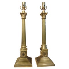 Pair of Vintage Brass Neoclassical Style Corinthian Column Brass Lamps