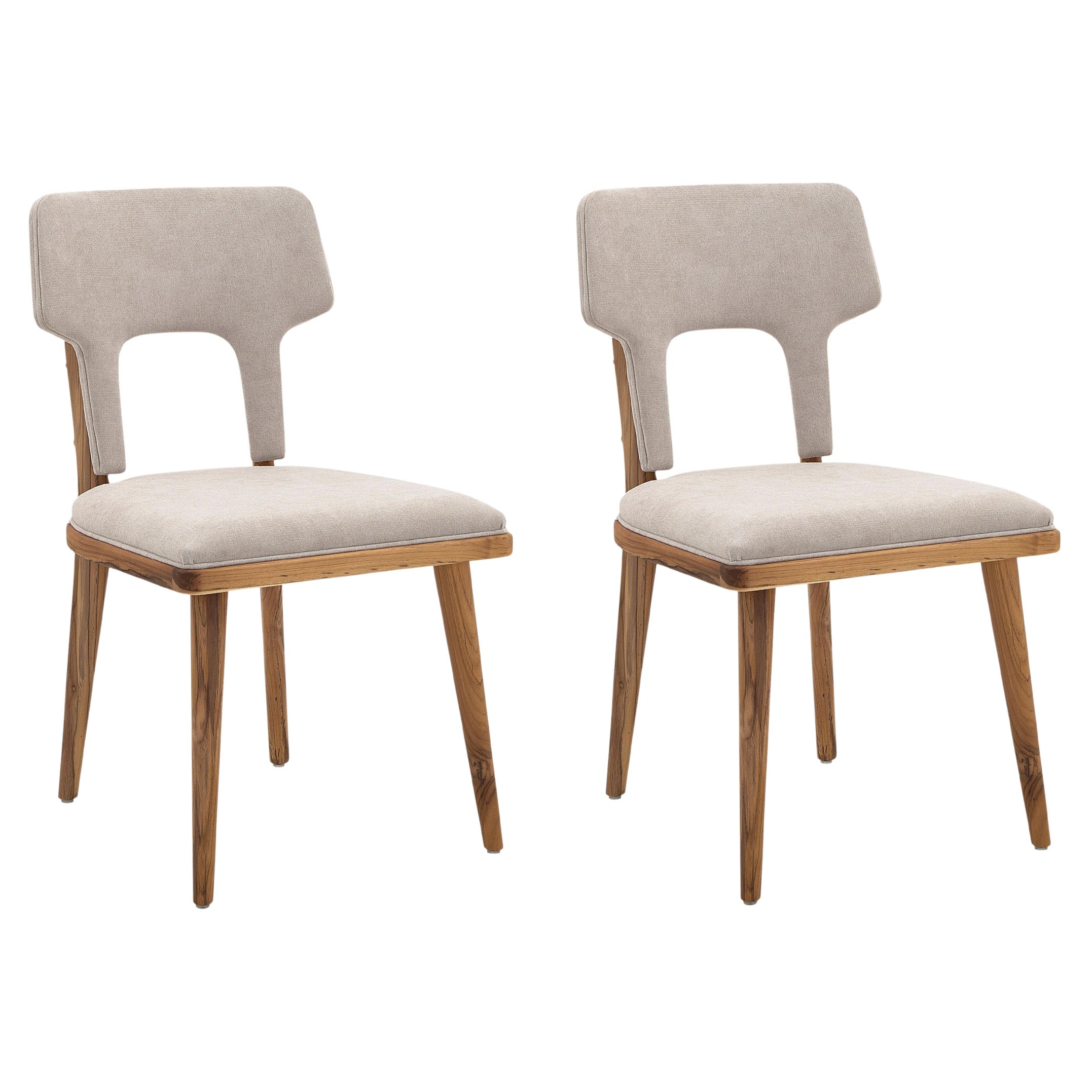 Fork Dining Chair in Light Beige Fabric and Teak Wood Finish, Set of 2