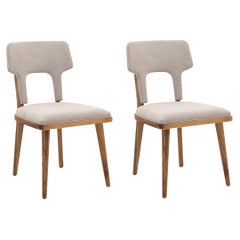 Fork Dining Chair in Light Beige Fabric and Teak Wood Finish, Set of 2