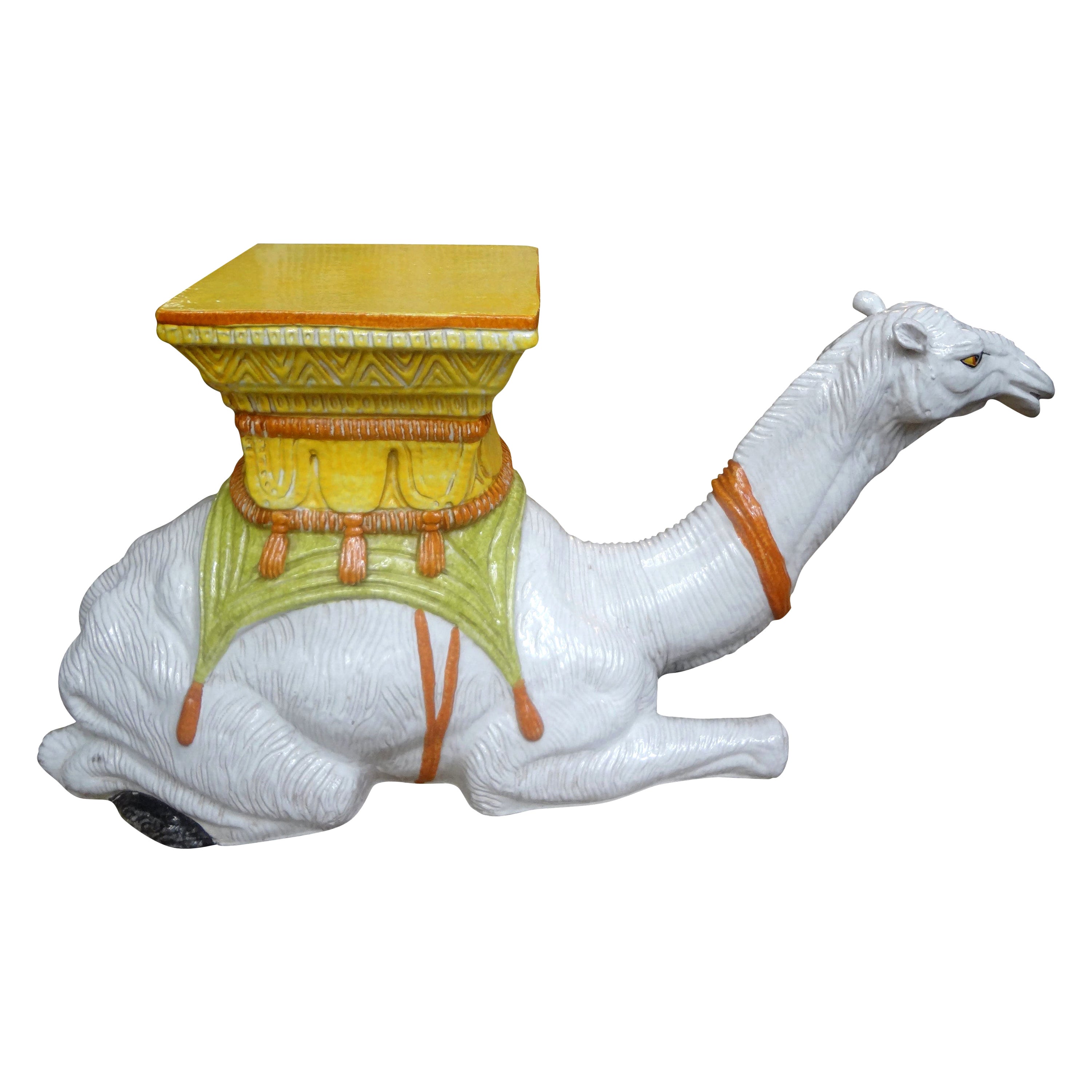 Siège ou table de jardin italien en terre cuite émaillée couleur camel