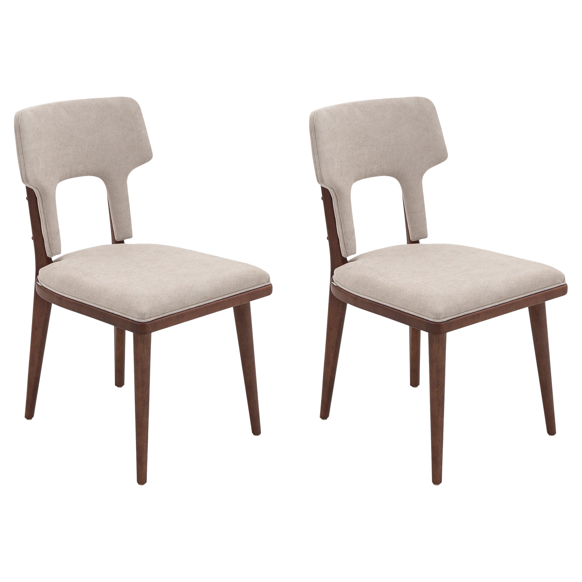Fork Dining Chair in Light Beige Fabric and Walnut Wood Finish, Set of 2